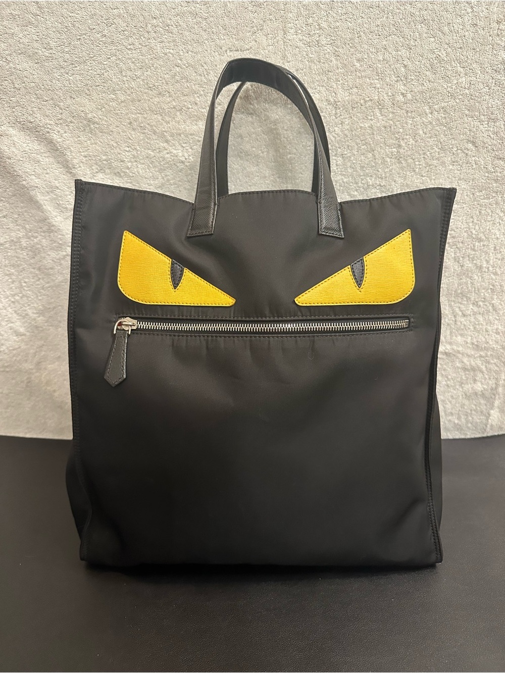 Fendi Monster Black Nylon Tote Bag with Yellow Accent - Eye Detail